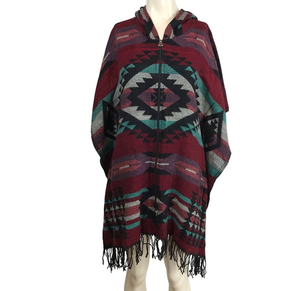 Earthbound Trading Co Sweaters - Women's Hooded Zip Poncho - Burgundy Aztec